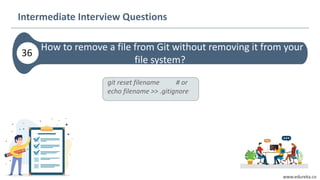 www.edureka.co
How to remove a file from Git without removing it from your
file system?
36
Intermediate Interview Questions
git reset filename # or
echo filename >> .gitignore
 