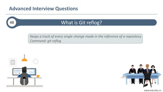 www.edureka.co
What is Git reflog?
Advanced Interview Questions
48
Keeps a track of every single change made in the reference of a repository.
Command: git reflog
 