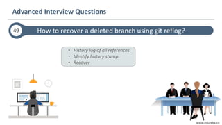www.edureka.co
How to recover a deleted branch using git reflog?
Advanced Interview Questions
49
• History log of all references
• Identify history stamp
• Recover
 