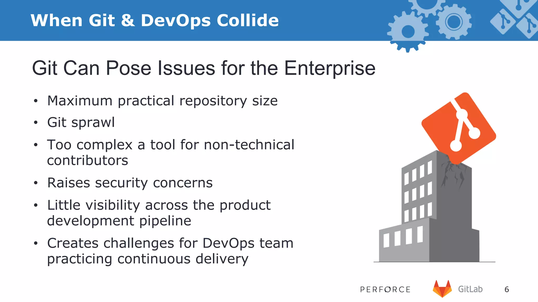 6 When Git & DevOps Collide •  Maximum practical repository size •  Git sprawl •  Too complex a tool for non-technical contributors •  Raises security concerns •  Little visibility across the product development pipeline •  Creates challenges for DevOps team practicing continuous delivery Git Can Pose Issues for the Enterprise 