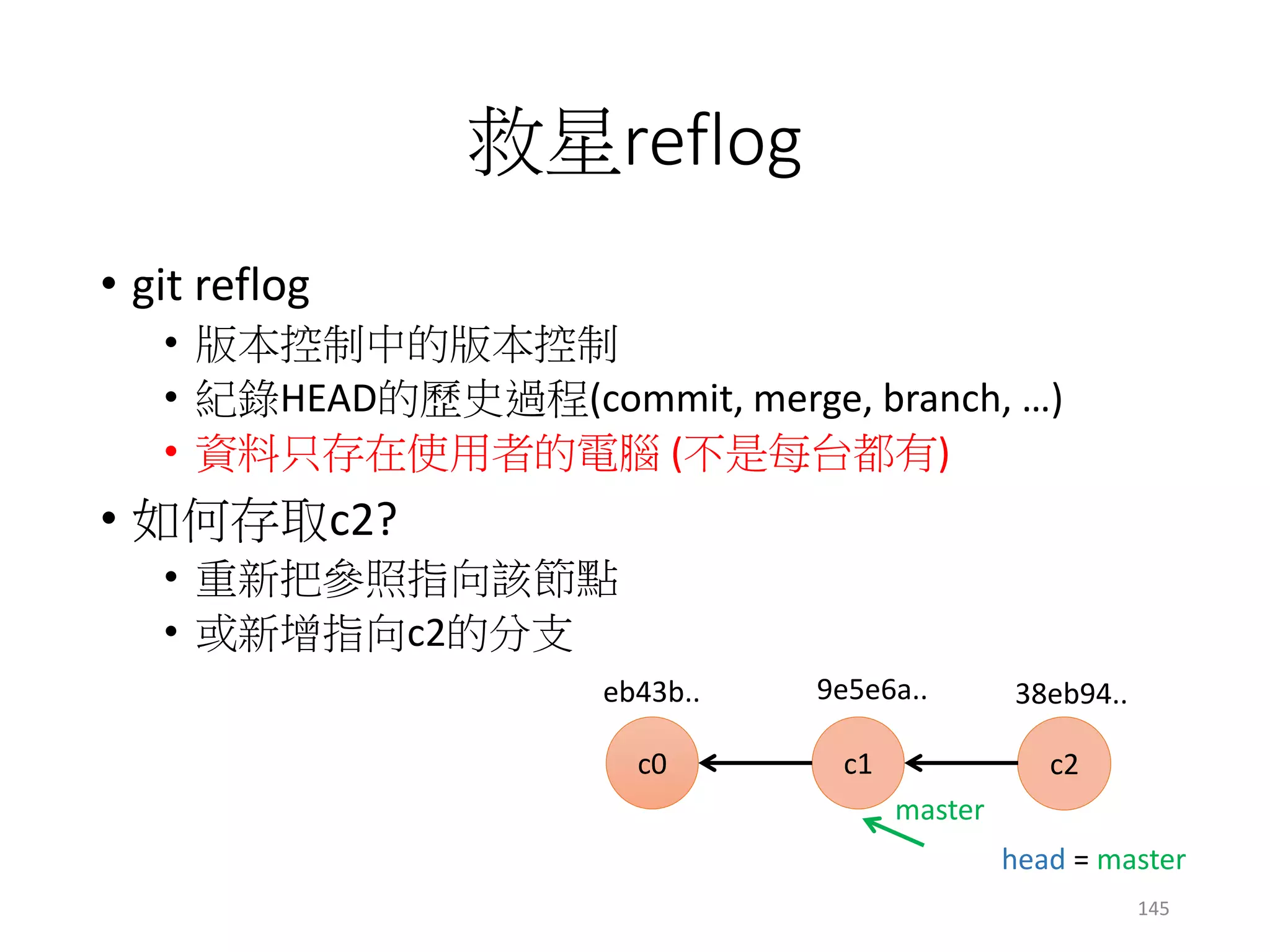 救星reflog
• git reflog
• 版本控制中的版本控制
• 紀錄HEAD的歷史過程(commit, merge, branch, …)
• 資料只存在使用者的電腦 (不是每台都有)
• 如何存取c2?
• 重新把參照指向該節點
• 或新增指向c2的分支
c1 c2c0
master
eb43b.. 9e5e6a.. 38eb94..
head = master
145
 