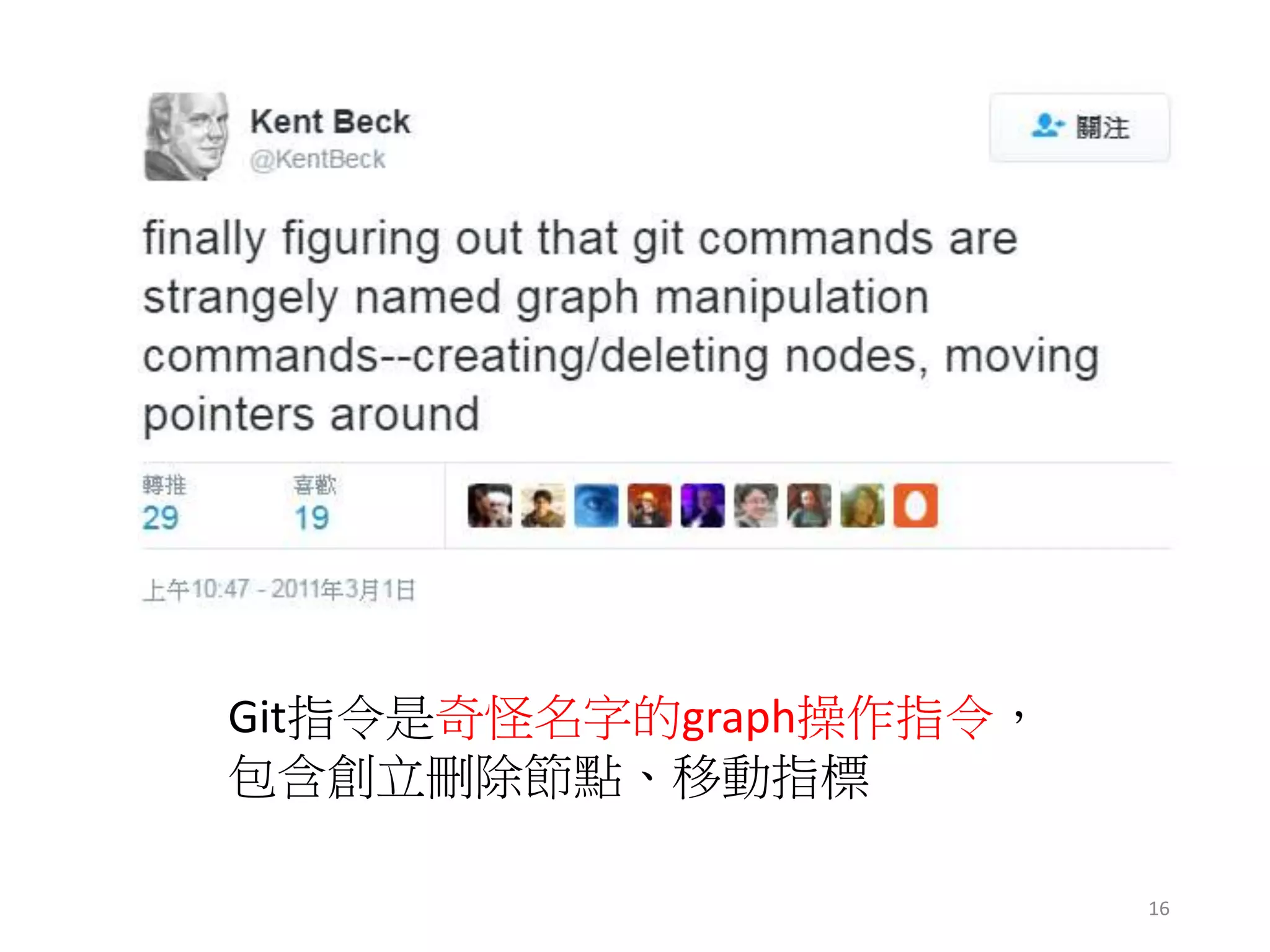 Git指令是奇怪名字的graph操作指令，
包含創立刪除節點、移動指標
16
 