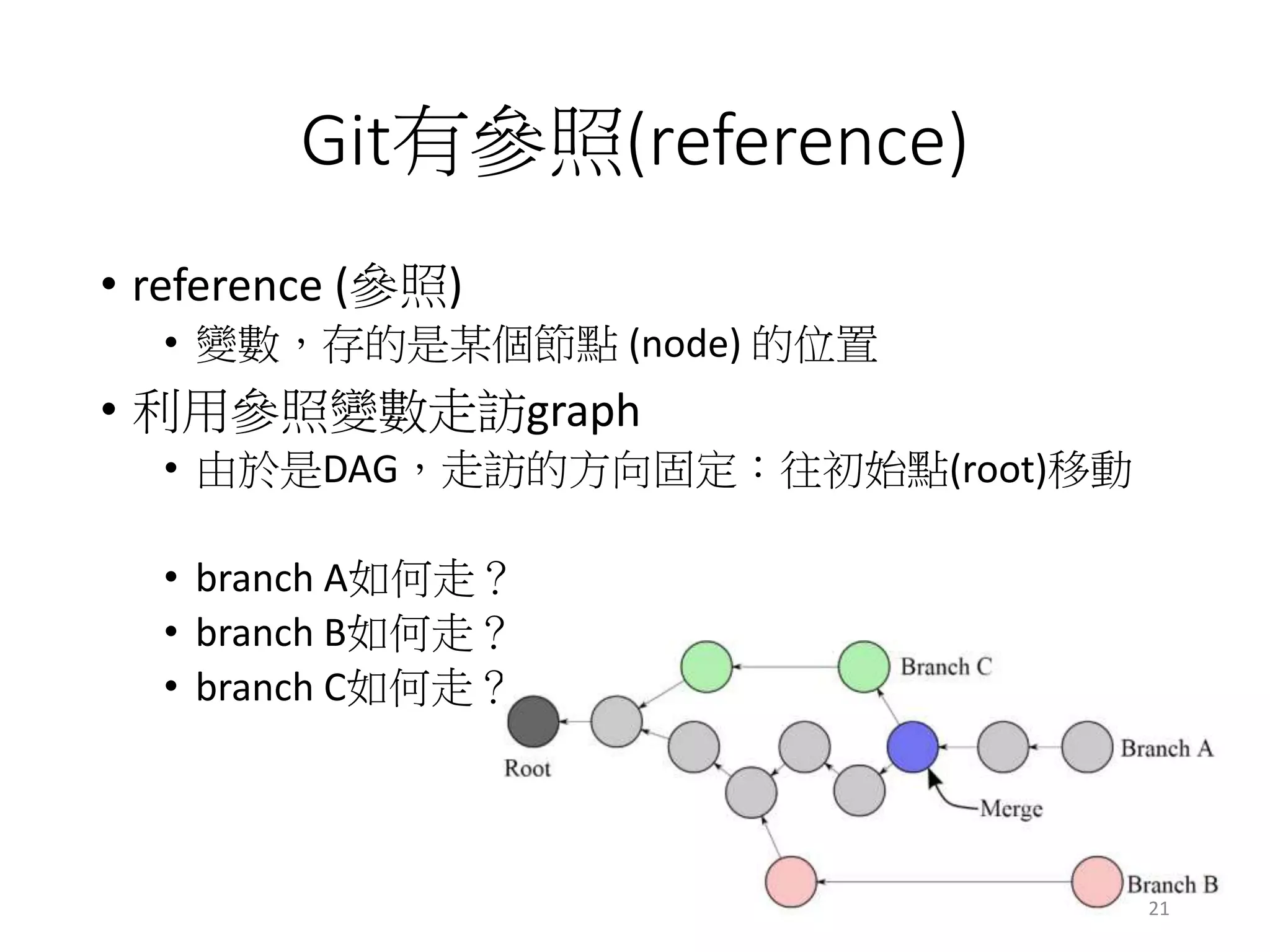 Git有參照(reference)
• reference (參照)
• 變數，存的是某個節點 (node) 的位置
• 利用參照變數走訪graph
• 由於是DAG，走訪的方向固定：往初始點(root)移動
• branch A如何走？
• branch B如何走？
• branch C如何走？
21
 