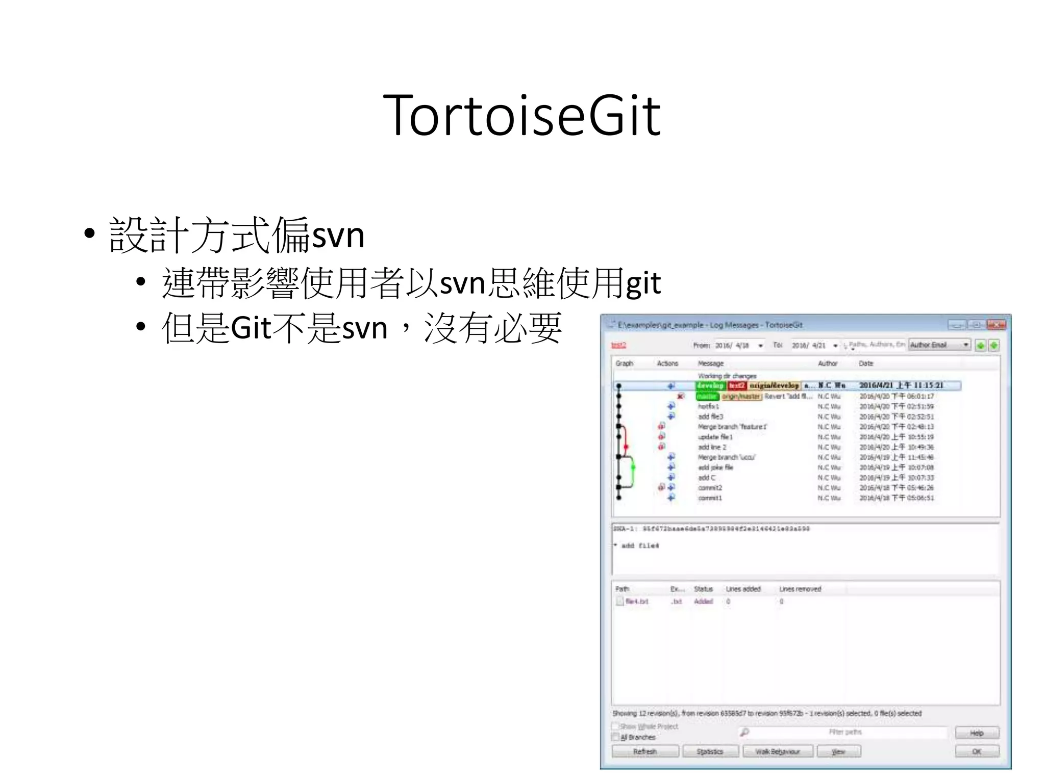 一些沒有講到但也很重要……
• Pull Request (一種遠端merge分支的方式)
• 跟使用的git server有關 (配合fork)
• 還沒commit的程式碼，但又要切換分支時……
• $ git stash可以暫存 ($ git stash pop存取暫存)
• 或是直接開分支暫存，之後再還原
• Git底層的實作方式
• 利用blob, tree, commit, tag, ref達成
• 有空自己去看參考資料吧
• 可參考jserv的〈我愛Git〉p.30 - 36
215
 