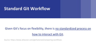 Standard Git Workflow
Given Git's focus on flexibility, there is no standardized process on
how to interact with Git.
Source: https://www.atlassian.com/git/tutorials/comparing-workflows
 