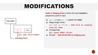 <working tree>
git add <file-name>
Index or Staging Area is where the next commit is
prepared to push in repo:
■ git add and git rm update the index
■ Stage single hunks:
git add -p <file> : Add file to staging
area by name.
■ Unstage files:
git reset HEAD <file>
■ Git add * : Add all the files to staging area.
 