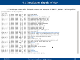 4.1 Installation depuis le War
5. Vérifier que tomcat a les droits nécessaires sur le dossier JENKINS_HOME cad /usr/jenkins

25.12.13

Your name here (insert->page number)

33

 