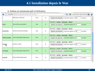 4.1 Installation depuis le War
6. Jenkins est maintenant prêt à l'utilisation:

25.12.13

Your name here (insert->page number)

35

 
