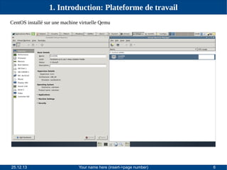1. Introduction: Plateforme de travail
CentOS installé sur une machine virtuelle Qemu

25.12.13

Your name here (insert->page number)

6

 