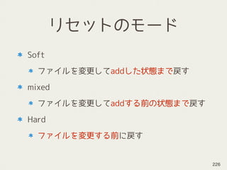 リセットのモード
Soft
ファイルを変更してaddした状態まで戻す
mixed
ファイルを変更してaddする前の状態まで戻す
Hard
ファイルを変更する前に戻す
226
 