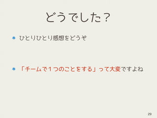 どうでした？
ひとりひとり感想をどうぞ 
 
 
「チームで１つのことをする」って大変ですよね
29
 