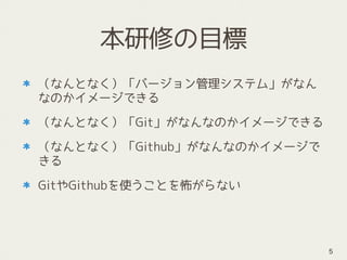 本研修の目標
（なんとなく）「バージョン管理システム」がなん
なのかイメージできる
（なんとなく）「Git」がなんなのかイメージできる
（なんとなく）「Github」がなんなのかイメージで
きる
GitやGithubを使うことを怖がらない
5
 