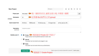 取一個好的名字, 通常全部小寫, 中間用 - 隔開
記得選 ifp (我們自己的 group)
預設就是 Private 就不用改了
最後按下 Create Project
 