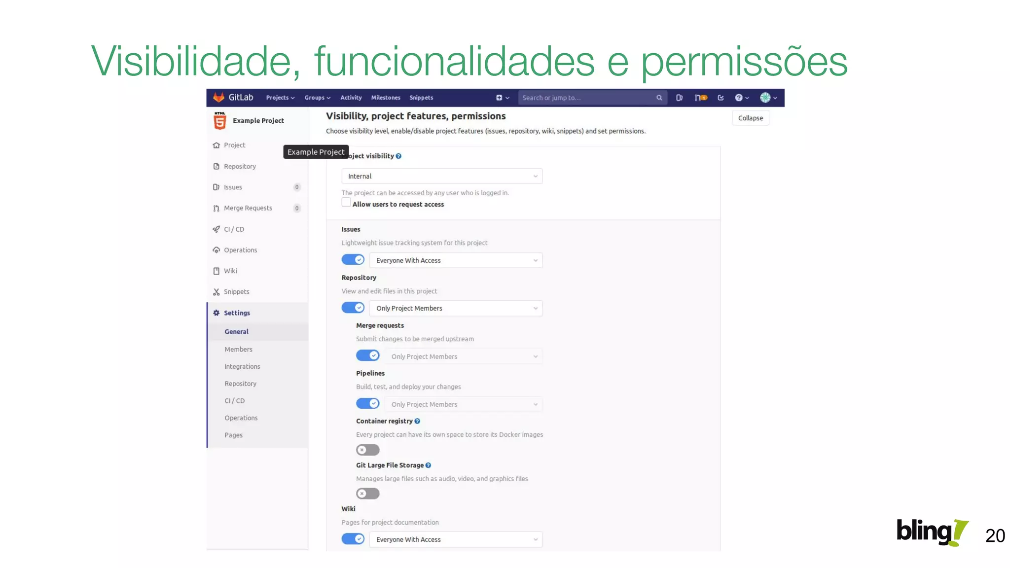 Visibilidade, funcionalidades e permissões
20
 