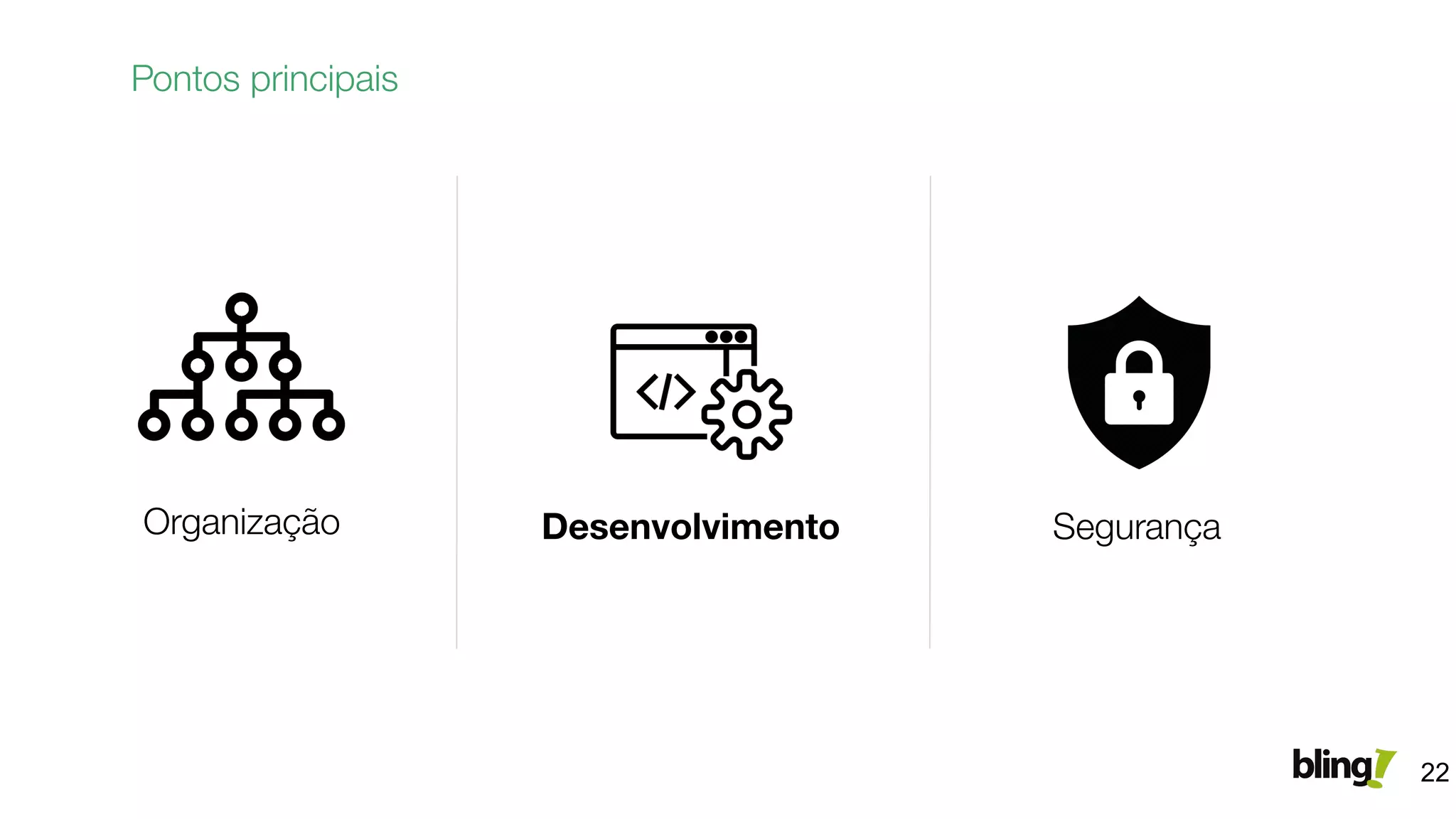 Pontos principais
Organização Desenvolvimento Segurança
22
 