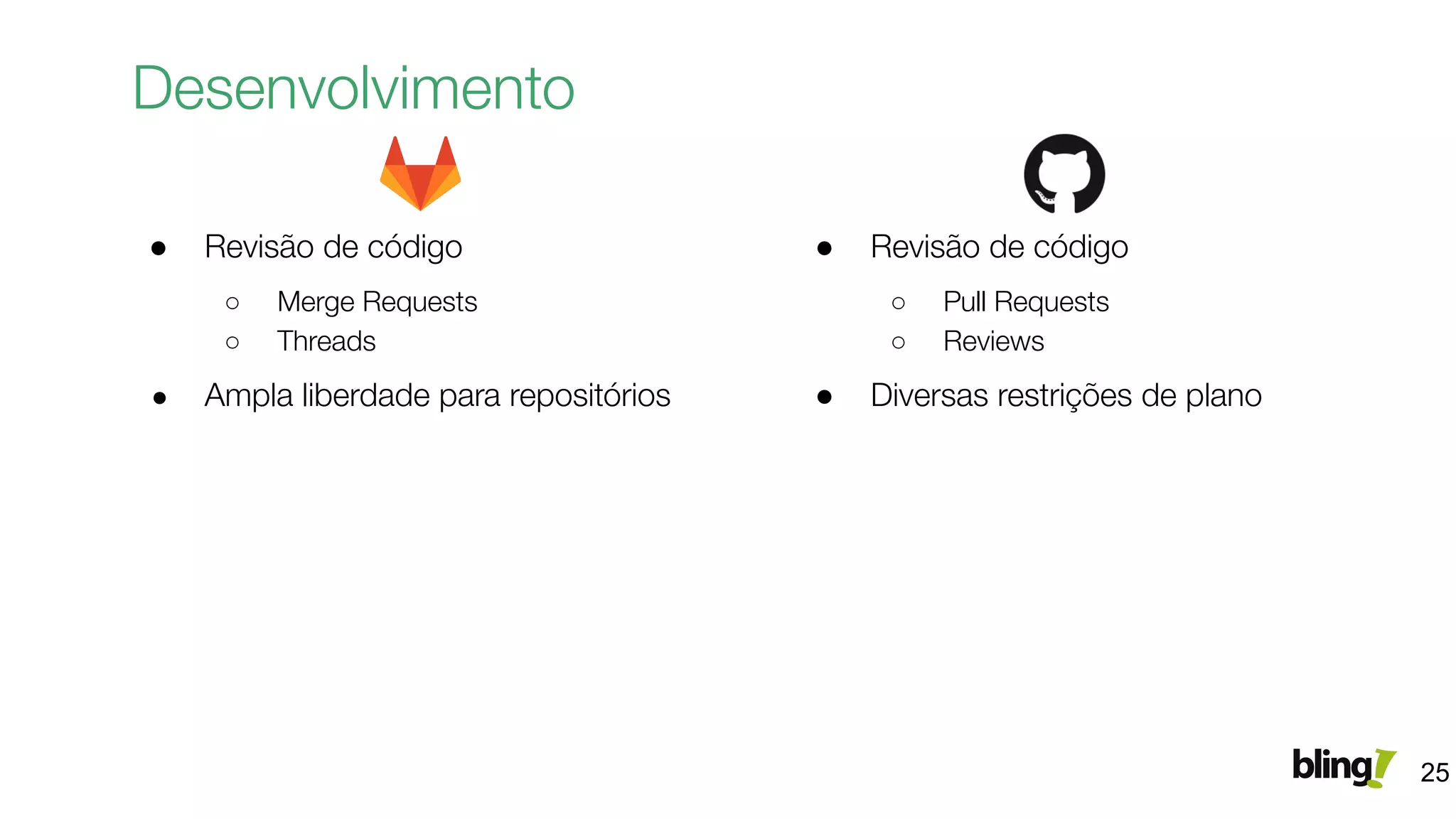 Desenvolvimento
25
● Revisão de código
○ Merge Requests
○ Threads
● Ampla liberdade para repositórios
● Revisão de código
○ Pull Requests
○ Reviews
● Diversas restrições de plano
 