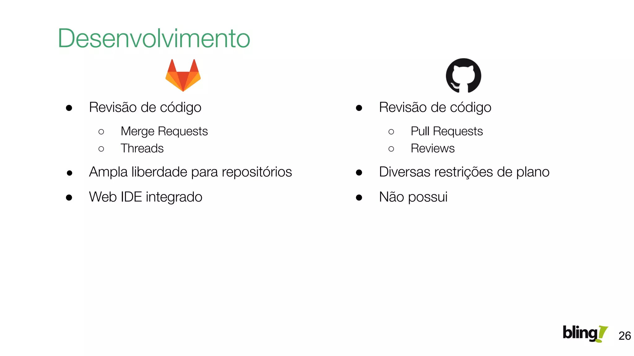 Desenvolvimento
26
● Revisão de código
○ Merge Requests
○ Threads
● Ampla liberdade para repositórios
● Web IDE integrado
● Revisão de código
○ Pull Requests
○ Reviews
● Diversas restrições de plano
● Não possui
 