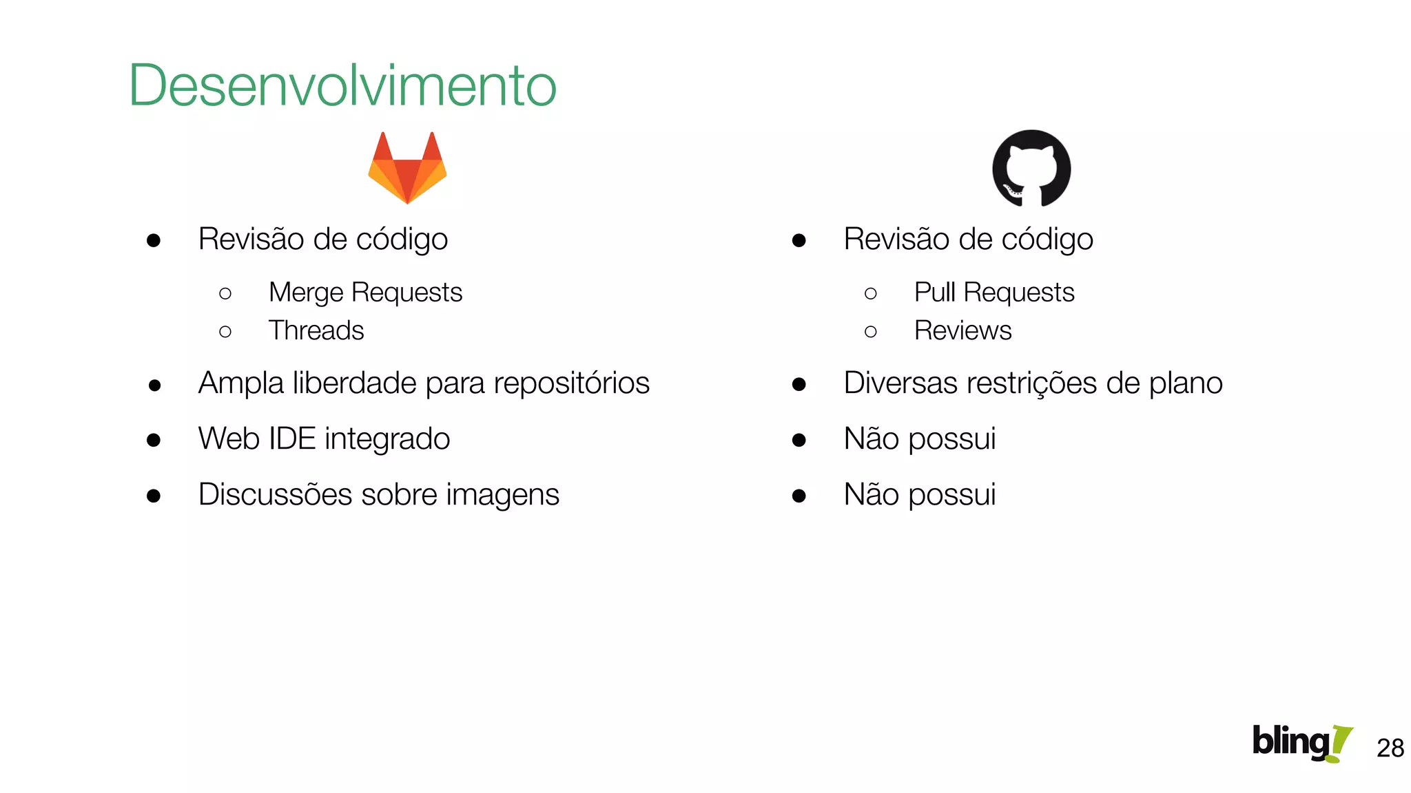 Desenvolvimento
28
● Revisão de código
○ Merge Requests
○ Threads
● Ampla liberdade para repositórios
● Web IDE integrado
● Discussões sobre imagens
● Revisão de código
○ Pull Requests
○ Reviews
● Diversas restrições de plano
● Não possui
● Não possui
 