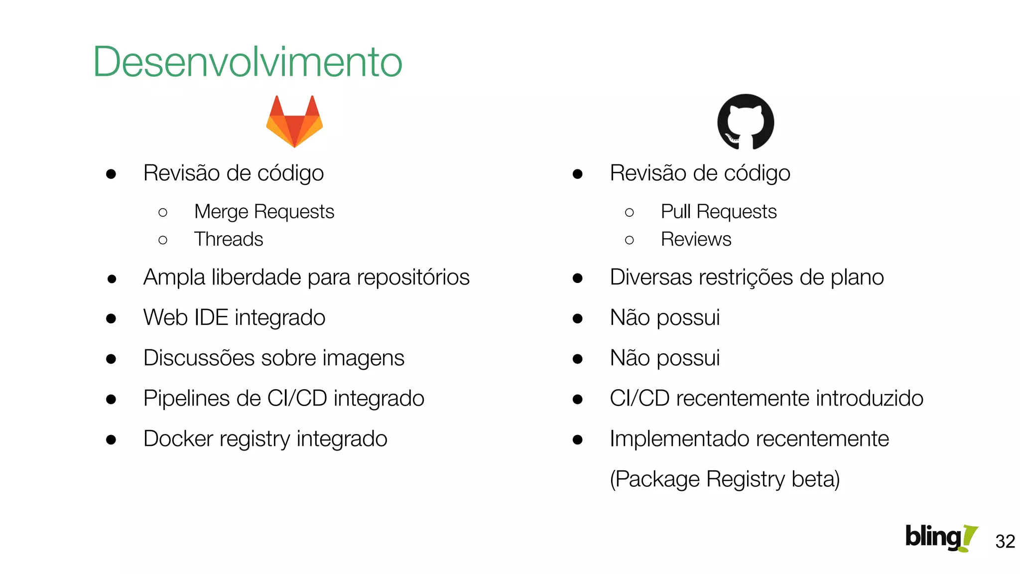 Desenvolvimento
32
● Revisão de código
○ Merge Requests
○ Threads
● Ampla liberdade para repositórios
● Web IDE integrado
● Discussões sobre imagens
● Pipelines de CI/CD integrado
● Docker registry integrado
● Revisão de código
○ Pull Requests
○ Reviews
● Diversas restrições de plano
● Não possui
● Não possui
● CI/CD recentemente introduzido
● Implementado recentemente
(Package Registry beta)
 