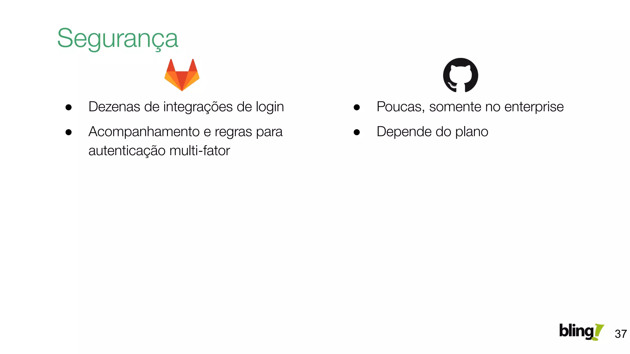 Segurança
37
● Dezenas de integrações de login
● Acompanhamento e regras para
autenticação multi-fator
● Poucas, somente no enterprise
● Depende do plano
 