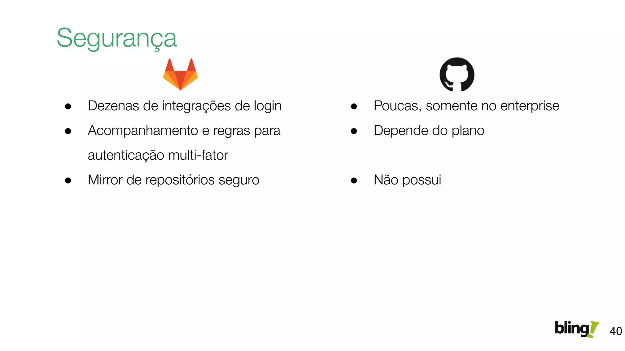 Segurança
40
● Dezenas de integrações de login
● Acompanhamento e regras para
autenticação multi-fator
● Mirror de repositórios seguro
● Poucas, somente no enterprise
● Depende do plano
● Não possui
 