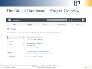 The GitLab Dashboard – Project Overview 
B1 Systems GmbH 
GitLab as an Alternative Development 
Platform for Github.com 19 / 26 
 