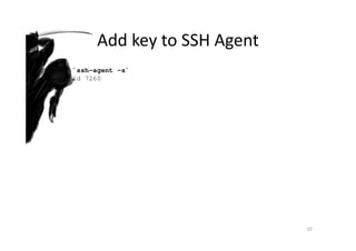 Add key to SSH Agent
$ eval `ssh-agent -s`
Agent pid 7260
10
 