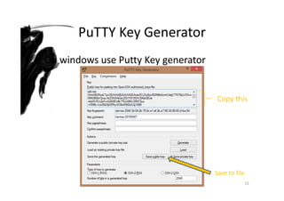 PuTTY Key Generator
13
• On windows use Putty Key generator
Copy this
Save to file
 