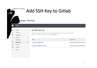 Add SSH Key to Gitlab
15
Profile Settings > SSH Keys
 