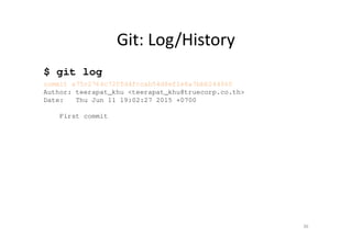 Git: Log/History
$ git log
commit a75c2764c720fd4fccab54d8ef1e8a7bb6244060
Author: teerapat_khu <teerapat_khu@truecorp.co.th>
Date: Thu Jun 11 19:02:27 2015 +0700
First commit
36
 