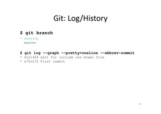 Git: Log/History
$ git branch
* develop
master
$ git log --graph --pretty=oneline --abbrev-commit
* 4121469 edit for include css bower file
* a75c276 First commit
58
 