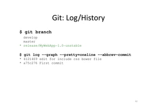 Git: Log/History
$ git branch
develop
master
* release/MyWebApp-1.0-unstable
$ git log --graph --pretty=oneline --abbrev-commit
* 4121469 edit for include css bower file
* a75c276 First commit
62
 