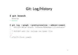 Git: Log/History
$ git branch
develop
* master
$ git log --graph --pretty=oneline --abbrev-commit
* 8811504 Merge branch 'release/MyWebApp-1.0-unstable'
|
| * 4121469 edit for include css bower file
| |
|/
* a75c276 First commit
67
 