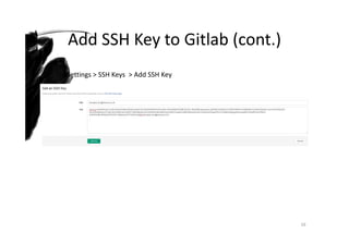 Add SSH Key to Gitlab (cont.)
16
Profile Settings > SSH Keys > Add SSH Key
 