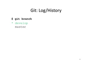 Git: Log/History
$ git branch
* develop
master
40
 