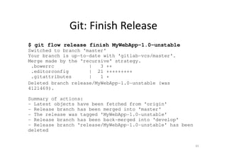 Git: Finish Release
$ git flow release finish MyWebApp-1.0-unstable
Switched to branch 'master'
Your branch is up-to-date ...