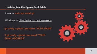 Instalação e Conﬁgurações Iniciais
7
Windows -> https://git-scm.com/downloads
Linux -> sudo apt install git
git config --global user.name "YOUR NAME"
$ git config --global user.email “YOUR
EMAIL ADDRESS”
 