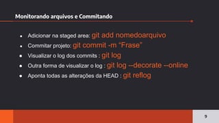 Monitorando arquivos e Commitando
9
● Adicionar na staged area: git add nomedoarquivo
● Commitar projeto: git commit -m “Frase”
● Visualizar o log dos commits : git log
● Outra forma de visualizar o log : git log --decorate --online
● Aponta todas as alterações da HEAD : git reflog
 