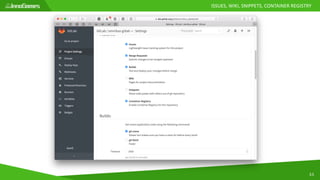 33
ISSUES,	WIKI,	SNIPPETS,	CONTAINER	REGISTRY
 