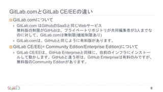 GitLab.comとGitLab CE/EEの違い
 GitLab.comについて
 GitLab.com はGithubのSaaSと同じWebサービス
無料版の制限がGitHubは、プライベートリポジトリが共同編集者が3人までな
のに対...