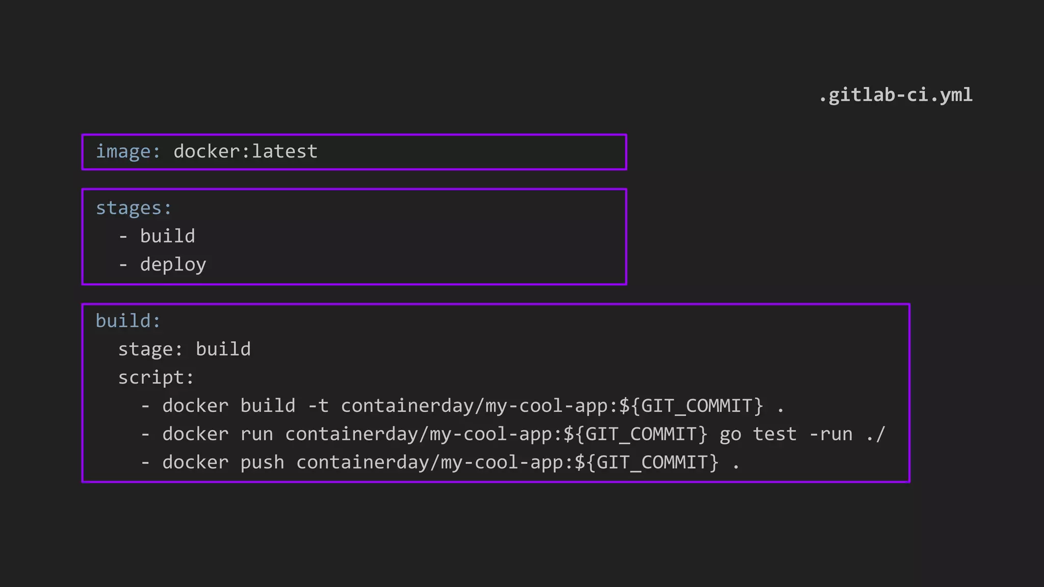 .gitlab-ci.yml image: docker:latest stages: - build - deploy build: stage: build script: - docker build -t containerday/my-cool-app:${GIT_COMMIT} . - docker run containerday/my-cool-app:${GIT_COMMIT} go test -run ./ - docker push containerday/my-cool-app:${GIT_COMMIT} . 