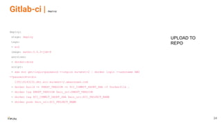 Gitlab-ci | deploy
deploy:
stage: deploy
tags:
- ec2
image: maven:3.6.3-jdk-8
services:
- docker:dind
script:
- aws ecr get-login-password --region eu-west-2 | docker login --username AWS
--password-stdin
139114143232.dkr.ecr.eu-west-2.amazonaws.com
- docker build -t $NEXT_VERSION -t $CI_COMMIT_SHORT_SHA -f Dockerfile .
- docker tag $NEXT_VERSION $ecr_url:$NEXT_VERSION
- docker tag $CI_COMMIT_SHORT_SHA $ecr_url:$CI_PROJECT_NAME
- docker push $ecr_url:$CI_PROJECT_NAME
UPLOAD TO
REPO
34
 