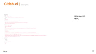Gitlab-ci | deploy-patch
deploy-patch:
stage: patch
image: alpine/git:latest
variables:
URL_REPO: https://gitlab.seculert.com/cwp/moti-temp/argo-apps.git
tags:
- kubernetes
before_script:
- git config --global user.email "bellam@tikalk.com"
- git config --global user.name "gitlab-runner"
- wget https://github.com/mikefarah/yq/releases/download/v4.2.0/yq_linux_amd64 -O
/usr/bin/yq &&chmod +x /usr/bin/yq
script:
- echo $NEXT_VERSION
- echo $CI_COMMIT_REF_NAME
- echo $CI_PROJECT_PATH
- pwd
- git clone https://gitlab-runner:$ACCESS_TOKEN_GITLAB_RUNNER@gitlab.seculert.com/cwp/moti-temp/argo-apps.git
- git status
- git checkout $CI_COMMIT_REF_NAME
- git branch
- cd argo-apps
- LAST_VERSION=$(yq e ".image.tag" apps/panorama/values/eu-west-1/backend-threat-detection-whitelisting.yaml)
- echo "LAST_VERSION=$LAST_VERSION" >> last_version.env
- yq eval ".image.tag = "$NEXT_VERSION"" -i apps/panorama/values/eu-west-1/backend-threat-detection-whitelisting.yaml
- git commit -am '[skip ci] $CI_COMMIT_BRANCH image update'
- git remote remove origin && git remote add origin https://gitlab-runner:$ACCESS_TOKEN_GITLAB_RUNNER@$CI_SERVER_HOST/cwp/moti-temp/argo-apps.git
- git push origin HEAD:$CI_COMMIT_REF_NAME -o ci.skip
dependencies:
- release-job
artifacts:
reports:
dotenv:
- last_version.env
only:
- master
- dev
PATCH APPS
REPO
35
 