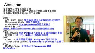About me
愛好咖啡及視覺系搖滾音樂
總是想辦法用最省事的方式來解決問題的懶惰工程師
曾任職於電商電信業十餘年工作經驗
2018~
AWS User Group aws notification system
使用 建立
Serviceless All-star 秒發百萬推播
ModernWeb Graph Database應用思考模式
PHP 也有 Day
PHP+ETL+Serverless
爭什麼， 摻在一起做成撒尿牛丸啊
2019~
ModernWeb 使用 Pentaho Kettle ETL 做系統資料後盾
COSCUP 用 ETL Kettle 打造程序流水線
2020~
COSCUP 使用開源資料庫 arangoDB 的奇幻之旅
Taiwan Cloud Summit 用 Serverless 真的方便又省錢 ?
2023~
DevOps Taipei 使用 Robot Framework 實踐
BizDevOps
 