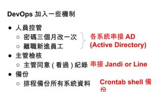 DevOps 加入一些機制
● 人員控管
○ 密碼三個月改一次
○ 離職新進員工
● 主管檢核
○ 主管同意 ( 看過 ) 紀錄
● 備份
○ 排程備份所有系統資料
各系統串接 AD
(Active Directory)
串接 Jandi or Line
Crontab shell 備
 