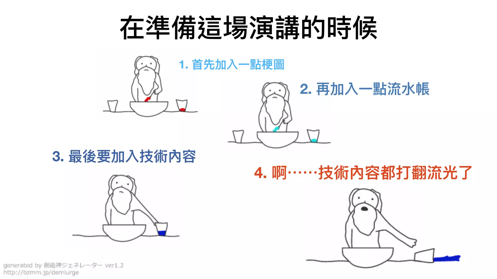 在準備這場演講的時候
1. ⾸首先加入⼀一點梗圖
2. 再加入⼀一點流⽔水帳
3. 最後要加入技術內容
4. 啊⋯⋯技術內容都打翻流光了了
 