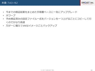 本番: 7.4.3→9.2
© 2017 UNICAST INC. 44
• 今までの検証結果をまとめた手順書ベースに一気にアップグレード
• 大ワープ
• 予め検証済みの設定ファイル一式をバージョンを一つ上げるごとにコピーして行
くのでかなり高速
• 万が一に備えてVMはイメージごとバックアップ
 