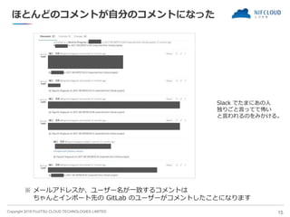 Copyright 2018 FUJITSU CLOUD TECHNOLOGIES LIMITED
ほとんどのコメントが自分のコメントになった
15
Slack でたまにあの人
独りごと言ってて怖い
と言われるのをみかける。
※ メールアドレスか、ユーザー名が一致するコメントは
ちゃんとインポート先の GitLab のユーザーがコメントしたことになります
 