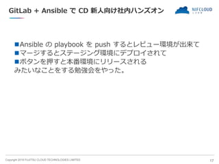 Copyright 2018 FUJITSU CLOUD TECHNOLOGIES LIMITED
GitLab + Ansible で CD 新人向け社内ハンズオン
Ansible の playbook を push するとレビュー環境が出来て
マージするとステージング環境にデプロイされて
ボタンを押すと本番環境にリリースされる
みたいなことをする勉強会をやった。
17
 