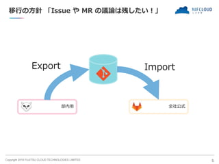 Copyright 2018 FUJITSU CLOUD TECHNOLOGIES LIMITED
移行の方針 「Issue や MR の議論は残したい！」
5
部内用 全社公式
Export Import
 